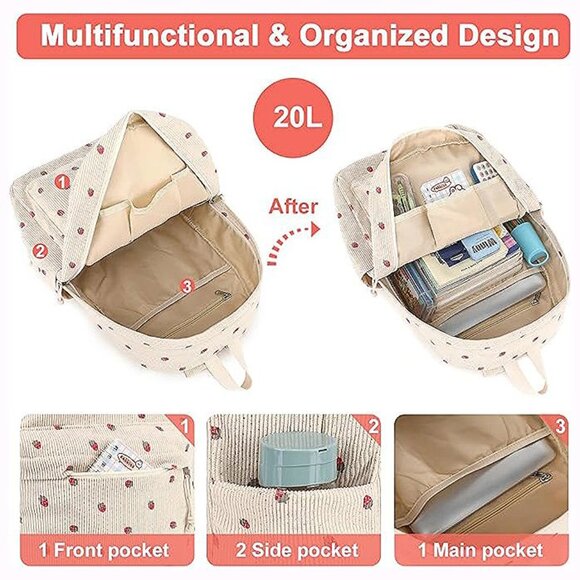 Large Corduroy Bookbag Lightweight 17 inch-Beige-strawberry 2pc - Picture 5 of 7